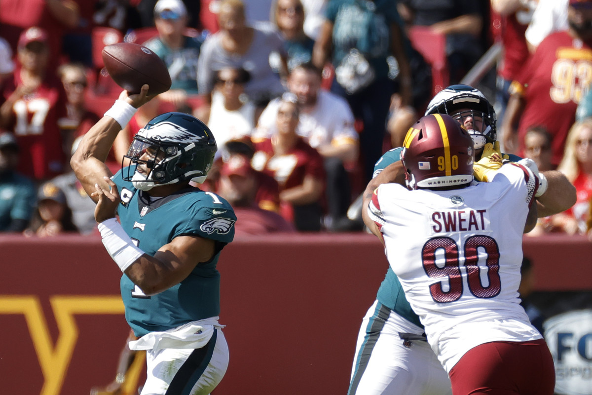 Quarterback Jalen Hurts and the Philadelphia Eagles will face off with the Washington Commanders in Week 8. 